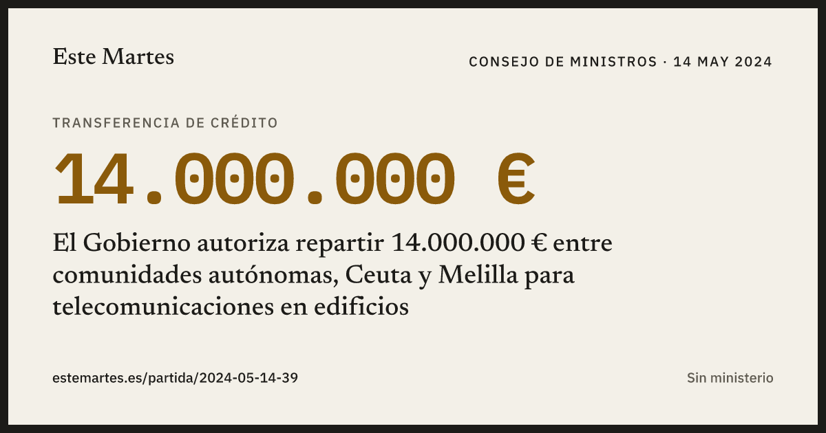 Tarjeta: El Gobierno autoriza repartir 14.000.000 € entre comunidades autónomas, Ceuta y Melilla para telecomunicaciones en edificios