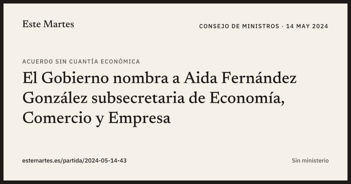 Tarjeta: El Gobierno nombra a Aida Fernández González subsecretaria de Economía, Comercio y Empresa