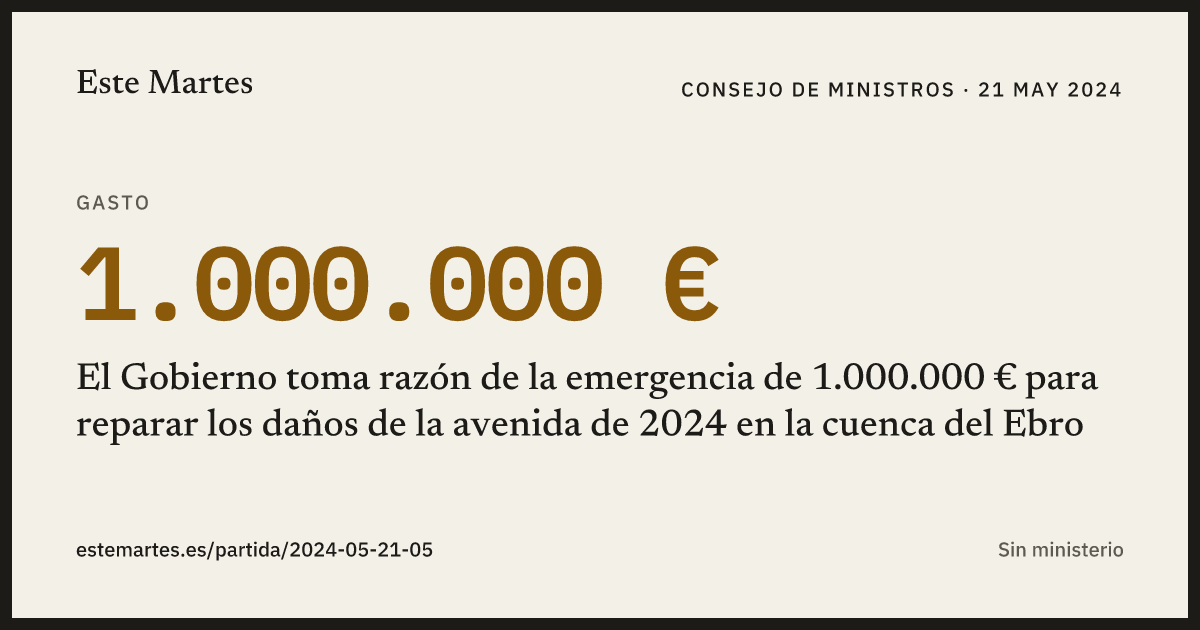Tarjeta: El Gobierno toma razón de la emergencia de 1.000.000 € para reparar los daños de la avenida de 2024 en la cuenca del Ebro