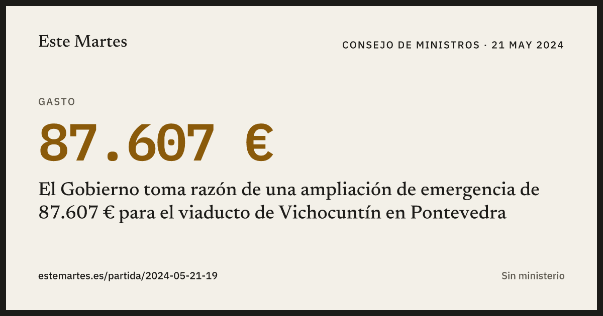 Tarjeta: El Gobierno toma razón de una ampliación de emergencia de 87.607 € para el viaducto de Vichocuntín en Pontevedra