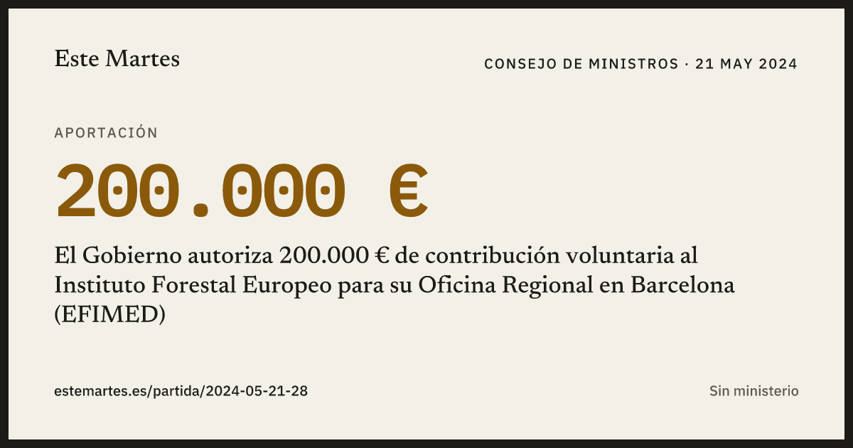 Tarjeta: El Gobierno autoriza 200.000 € de contribución voluntaria al Instituto Forestal Europeo para su Oficina Regional en Barcelona (EFIMED)