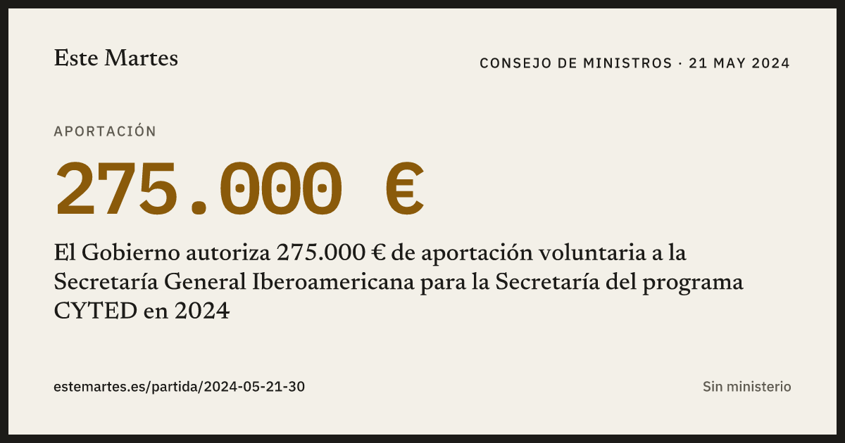 Tarjeta: El Gobierno autoriza 275.000 € de aportación voluntaria a la Secretaría General Iberoamericana para la Secretaría del programa CYTED en 2024