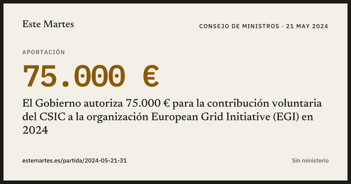 Tarjeta: El Gobierno autoriza 75.000 € para la contribución voluntaria del CSIC a la organización European Grid Initiative (EGI) en 2024