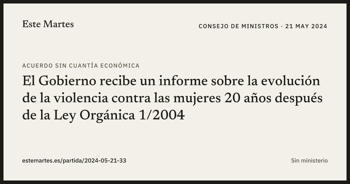 Tarjeta: El Gobierno recibe un informe sobre la evolución de la violencia contra las mujeres 20 años después de la Ley Orgánica 1/2004