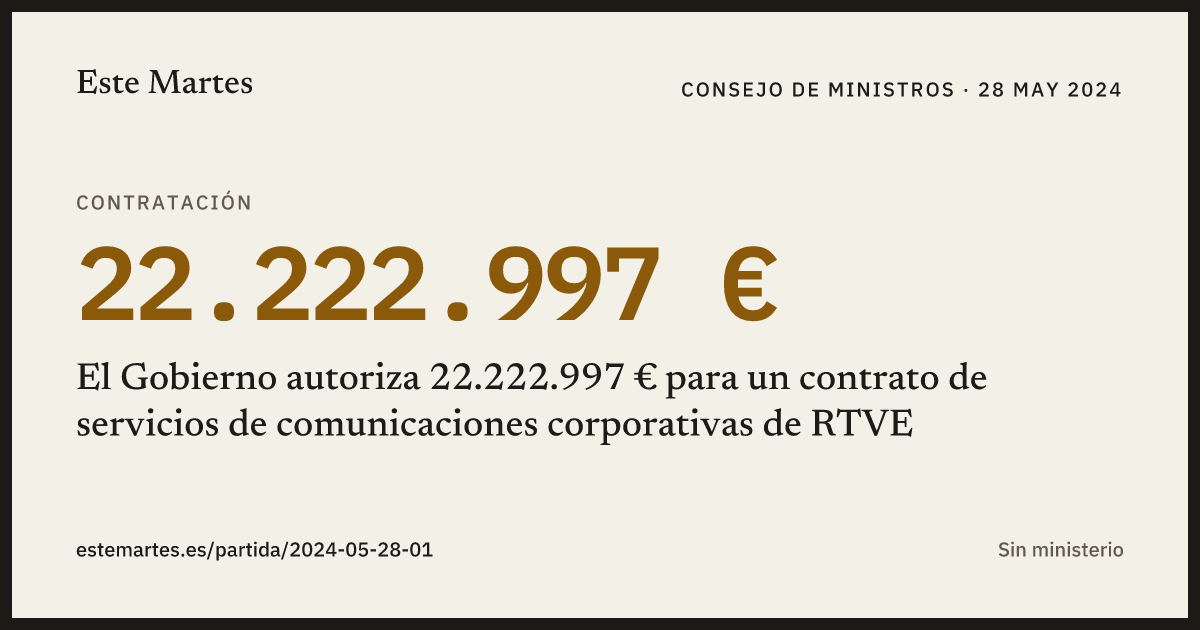 Tarjeta: El Gobierno autoriza 22.222.997 € para un contrato de servicios de comunicaciones corporativas de RTVE