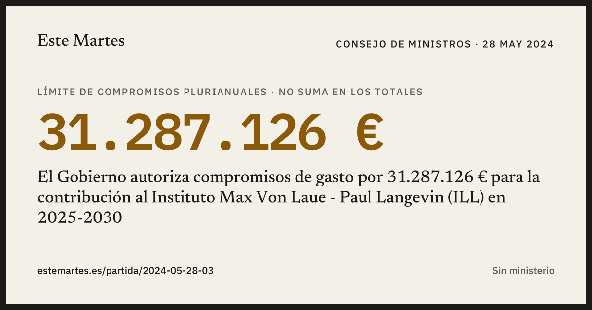Tarjeta: El Gobierno autoriza compromisos de gasto por 31.287.126 € para la contribución al Instituto Max Von Laue - Paul Langevin (ILL) en 2025-2030