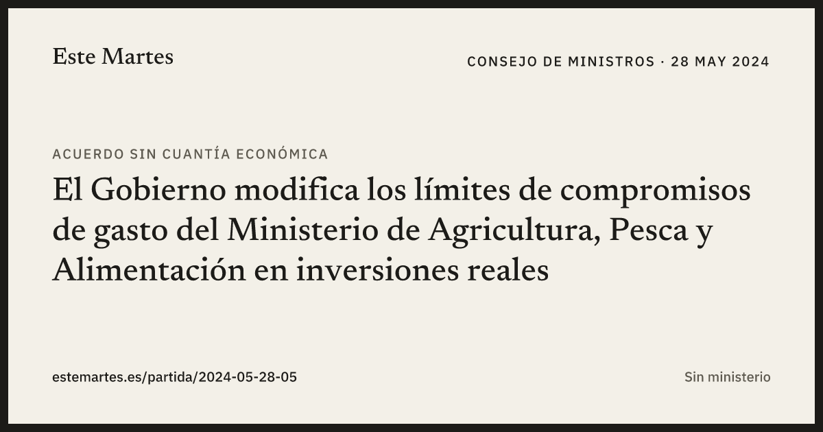 Tarjeta: El Gobierno modifica los límites de compromisos de gasto del Ministerio de Agricultura, Pesca y Alimentación en inversiones reales