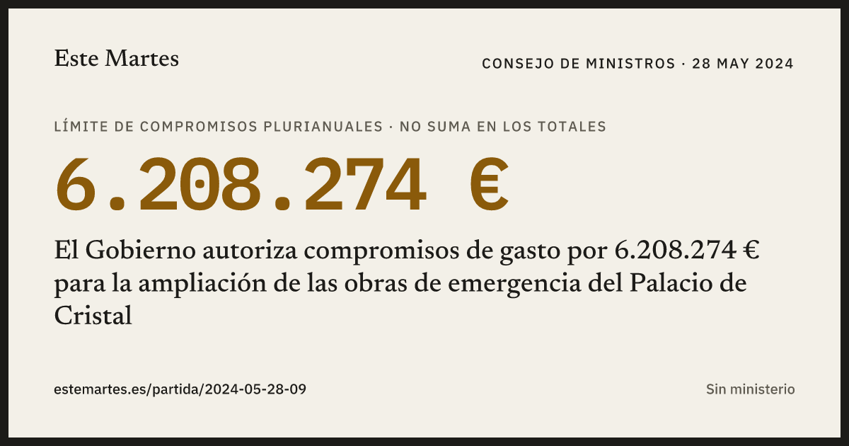 Tarjeta: El Gobierno autoriza compromisos de gasto por 6.208.274 € para la ampliación de las obras de emergencia del Palacio de Cristal