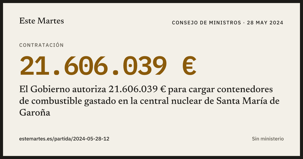 Tarjeta: El Gobierno autoriza 21.606.039 € para cargar contenedores de combustible gastado en la central nuclear de Santa María de Garoña