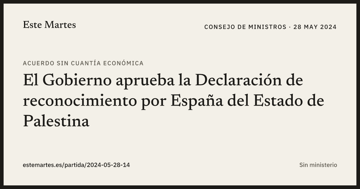 Tarjeta: El Gobierno aprueba la Declaración de reconocimiento por España del Estado de Palestina
