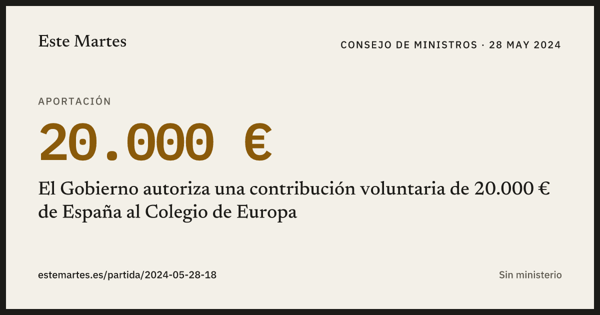 Tarjeta: El Gobierno autoriza una contribución voluntaria de 20.000 € de España al Colegio de Europa