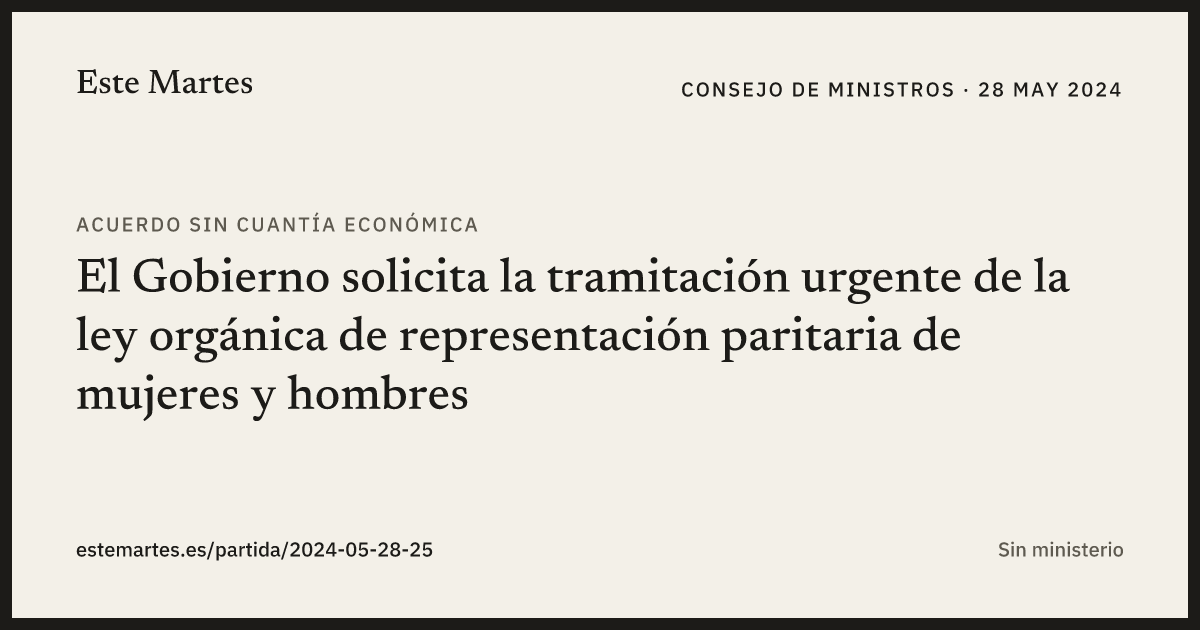 Tarjeta: El Gobierno solicita la tramitación urgente de la ley orgánica de representación paritaria de mujeres y hombres