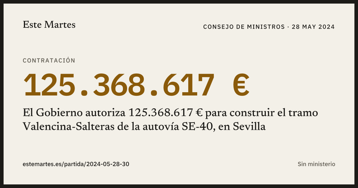 Tarjeta: El Gobierno autoriza 125.368.617 € para construir el tramo Valencina-Salteras de la autovía SE-40, en Sevilla