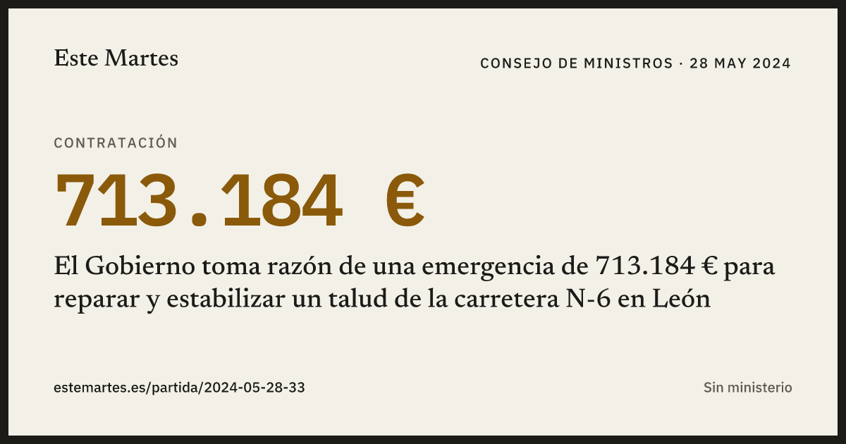 Tarjeta: El Gobierno toma razón de una emergencia de 713.184 € para reparar y estabilizar un talud de la carretera N-6 en León