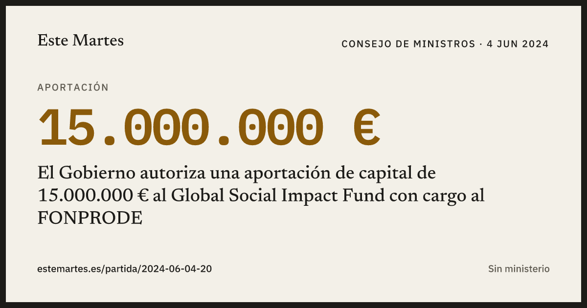 Tarjeta: El Gobierno autoriza una aportación de capital de 15.000.000 € al Global Social Impact Fund con cargo al FONPRODE