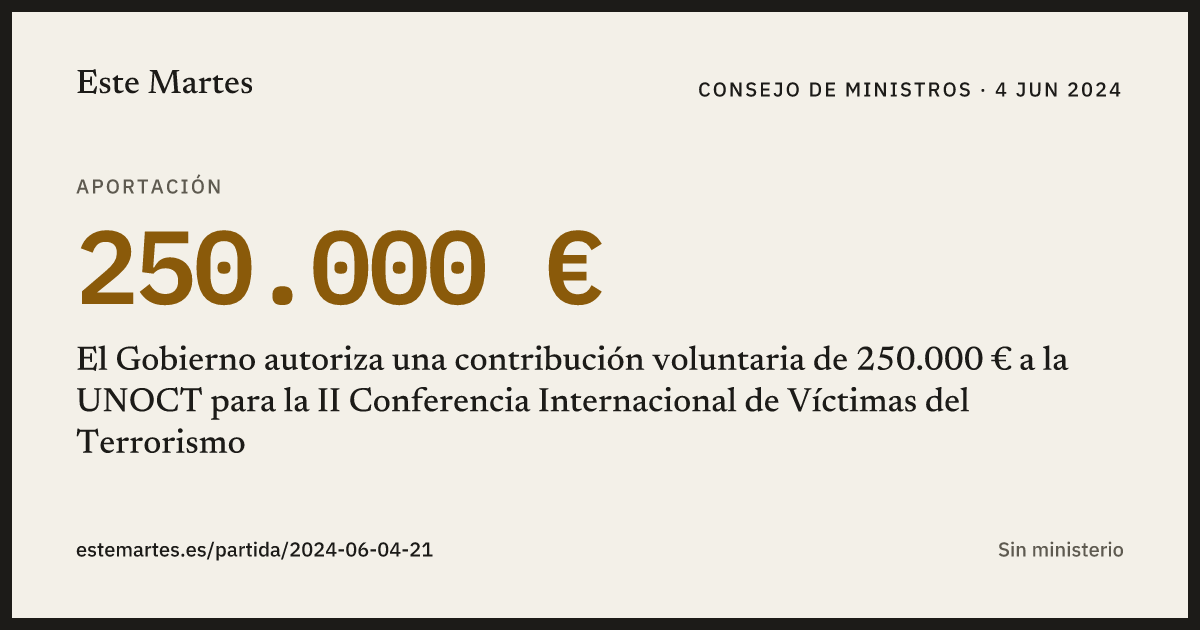 Tarjeta: El Gobierno autoriza una contribución voluntaria de 250.000 € a la UNOCT para la II Conferencia Internacional de Víctimas del Terrorismo