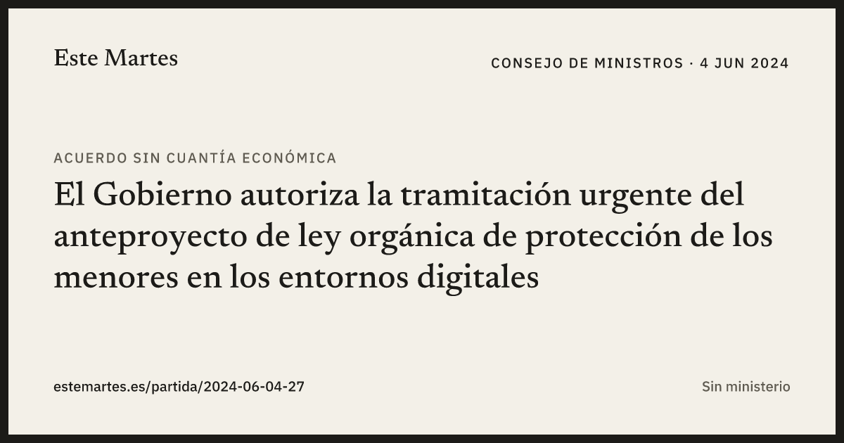 Tarjeta: El Gobierno autoriza la tramitación urgente del anteproyecto de ley orgánica de protección de los menores en los entornos digitales