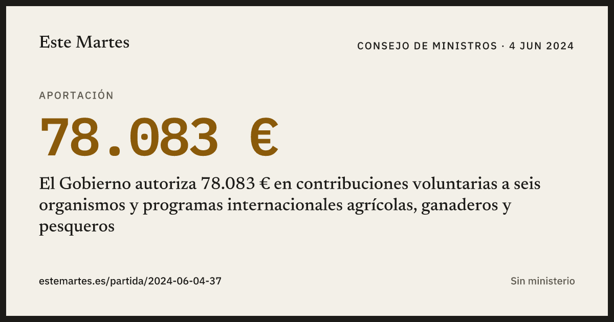Tarjeta: El Gobierno autoriza 78.083 € en contribuciones voluntarias a seis organismos y programas internacionales agrícolas, ganaderos y pesqueros