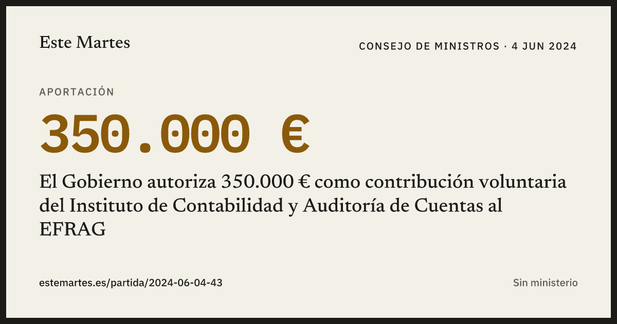 Tarjeta: El Gobierno autoriza 350.000 € como contribución voluntaria del Instituto de Contabilidad y Auditoría de Cuentas al EFRAG