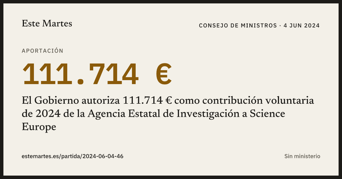 Tarjeta: El Gobierno autoriza 111.714 € como contribución voluntaria de 2024 de la Agencia Estatal de Investigación a Science Europe