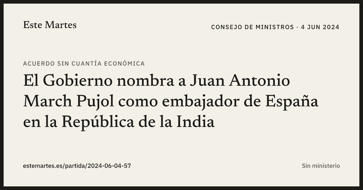 Tarjeta: El Gobierno nombra a Juan Antonio March Pujol como embajador de España en la República de la India