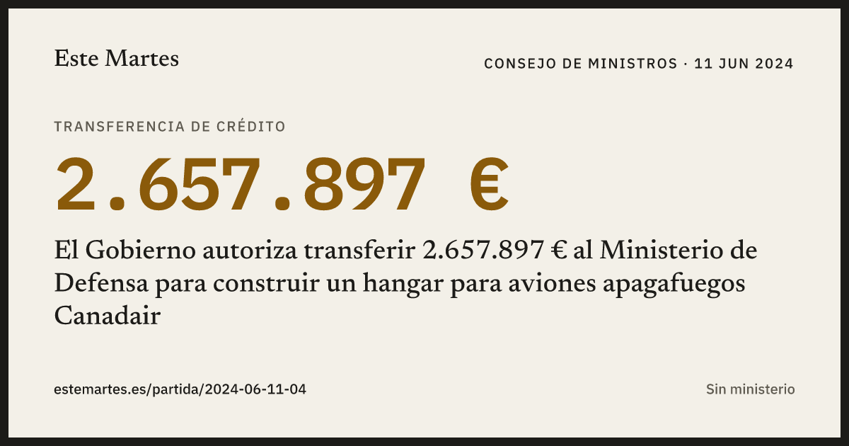 Tarjeta: El Gobierno autoriza transferir 2.657.897 € al Ministerio de Defensa para construir un hangar para aviones apagafuegos Canadair