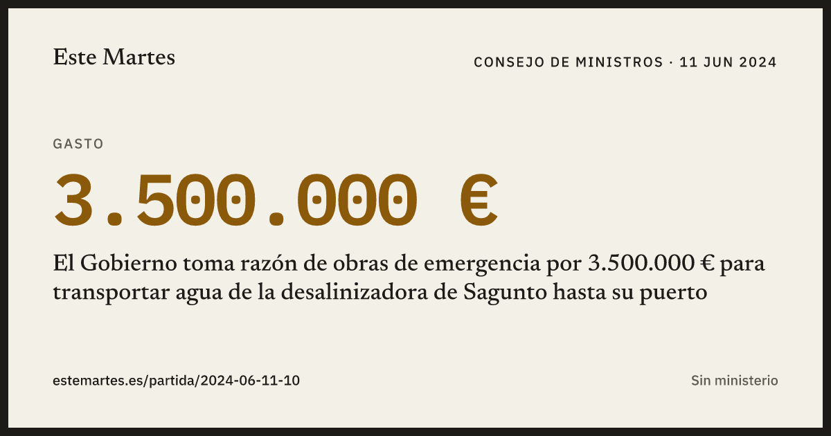 Tarjeta: El Gobierno toma razón de obras de emergencia por 3.500.000 € para transportar agua de la desalinizadora de Sagunto hasta su puerto