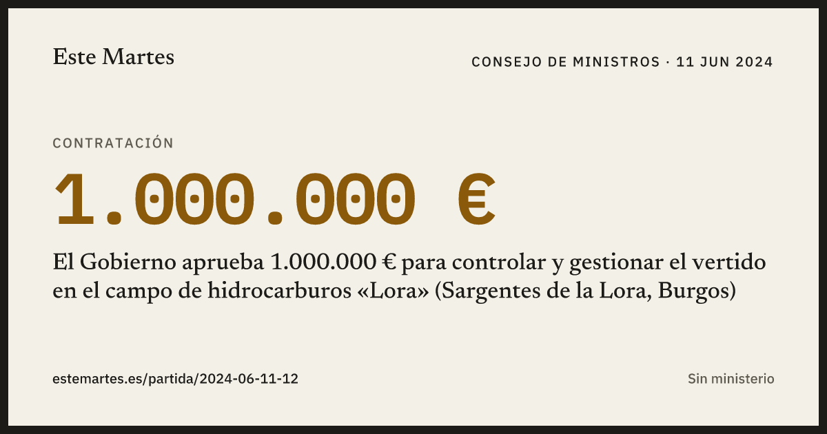 Tarjeta: El Gobierno aprueba 1.000.000 € para controlar y gestionar el vertido en el campo de hidrocarburos «Lora» (Sargentes de la Lora, Burgos)