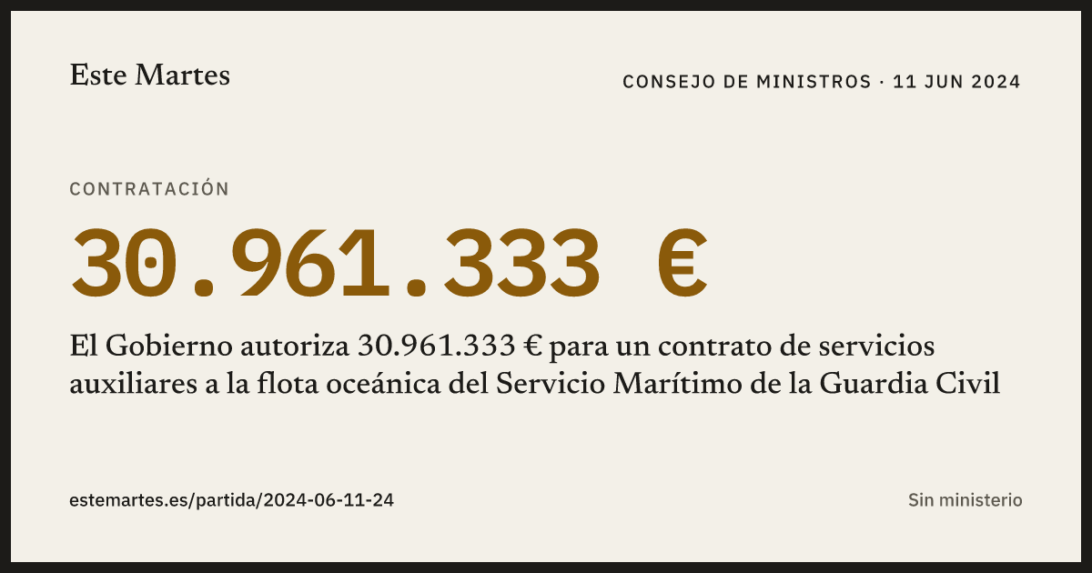 Tarjeta: El Gobierno autoriza 30.961.333 € para un contrato de servicios auxiliares a la flota oceánica del Servicio Marítimo de la Guardia Civil