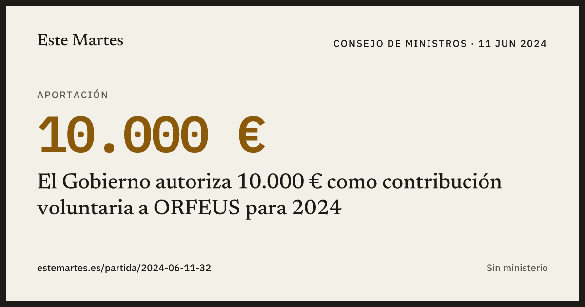 Tarjeta: El Gobierno autoriza 10.000 € como contribución voluntaria a ORFEUS para 2024