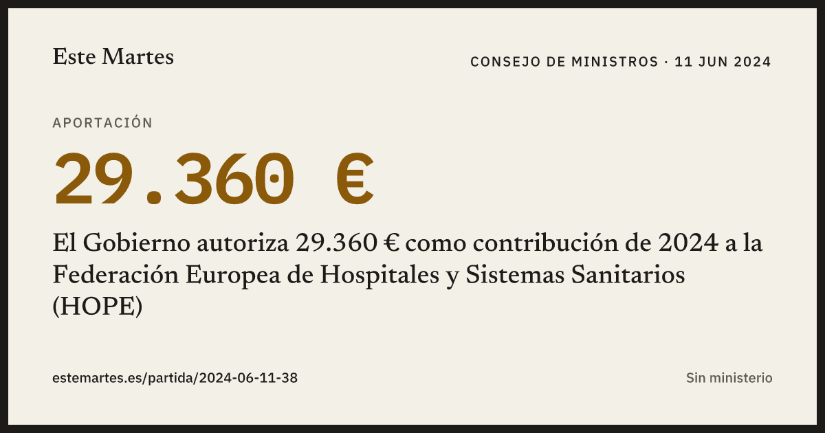 Tarjeta: El Gobierno autoriza 29.360 € como contribución de 2024 a la Federación Europea de Hospitales y Sistemas Sanitarios (HOPE)