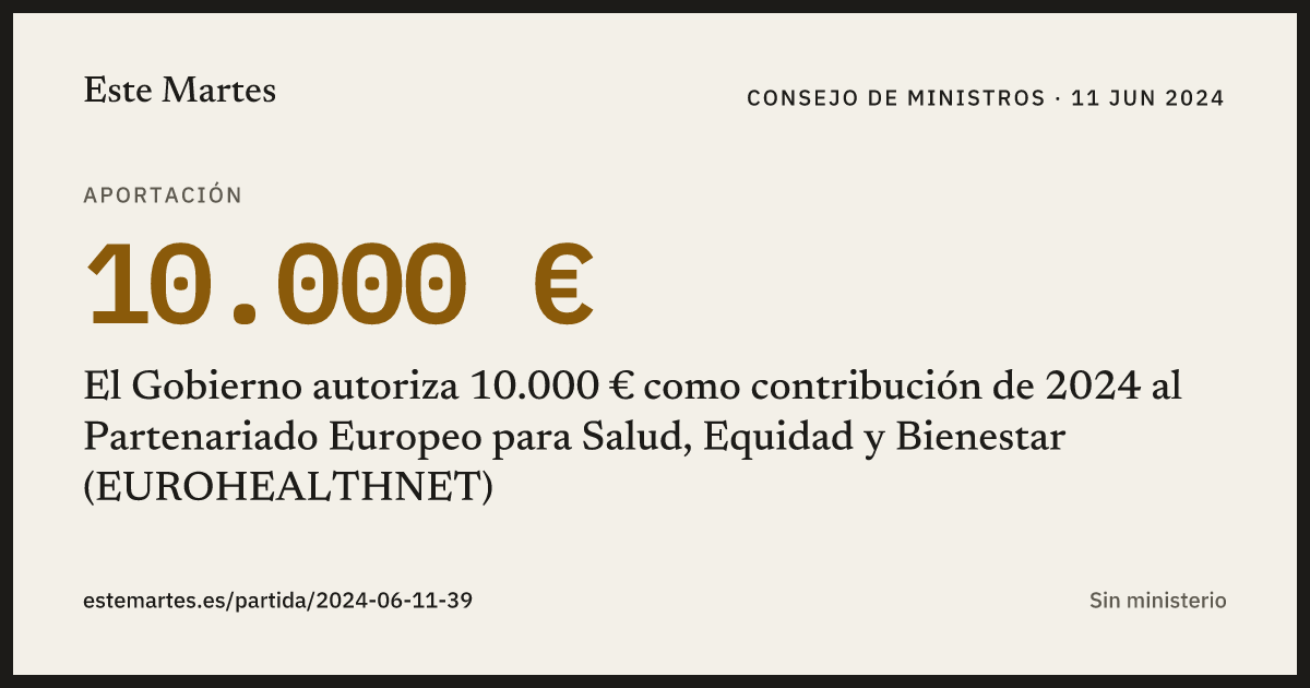 Tarjeta: El Gobierno autoriza 10.000 € como contribución de 2024 al Partenariado Europeo para Salud, Equidad y Bienestar (EUROHEALTHNET)