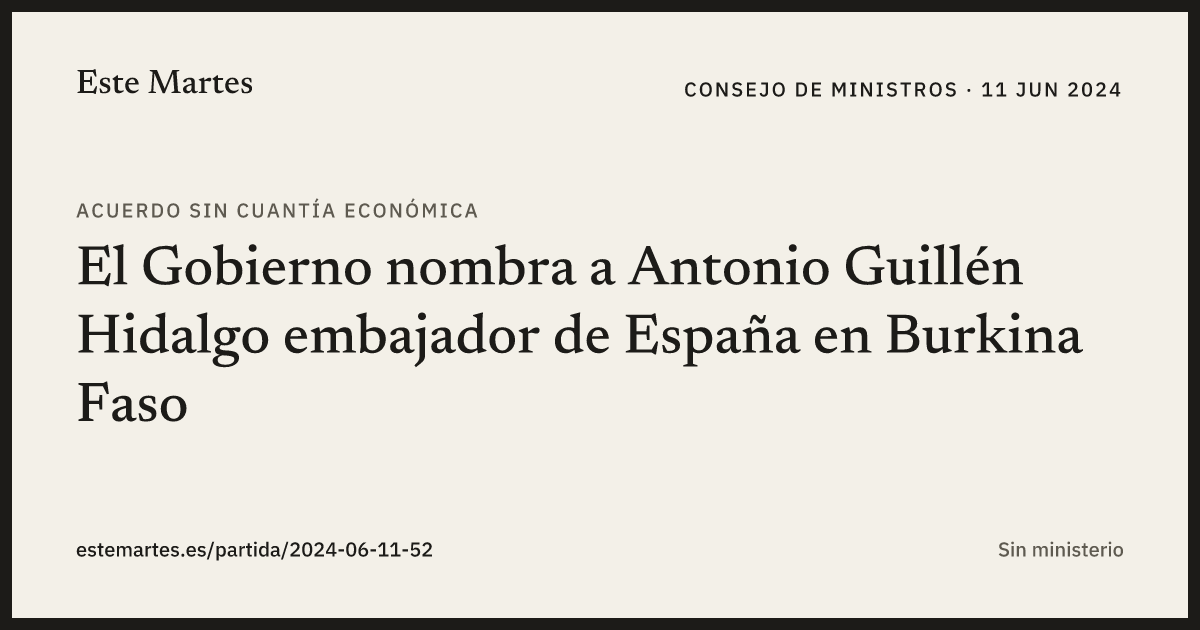 Tarjeta: El Gobierno nombra a Antonio Guillén Hidalgo embajador de España en Burkina Faso