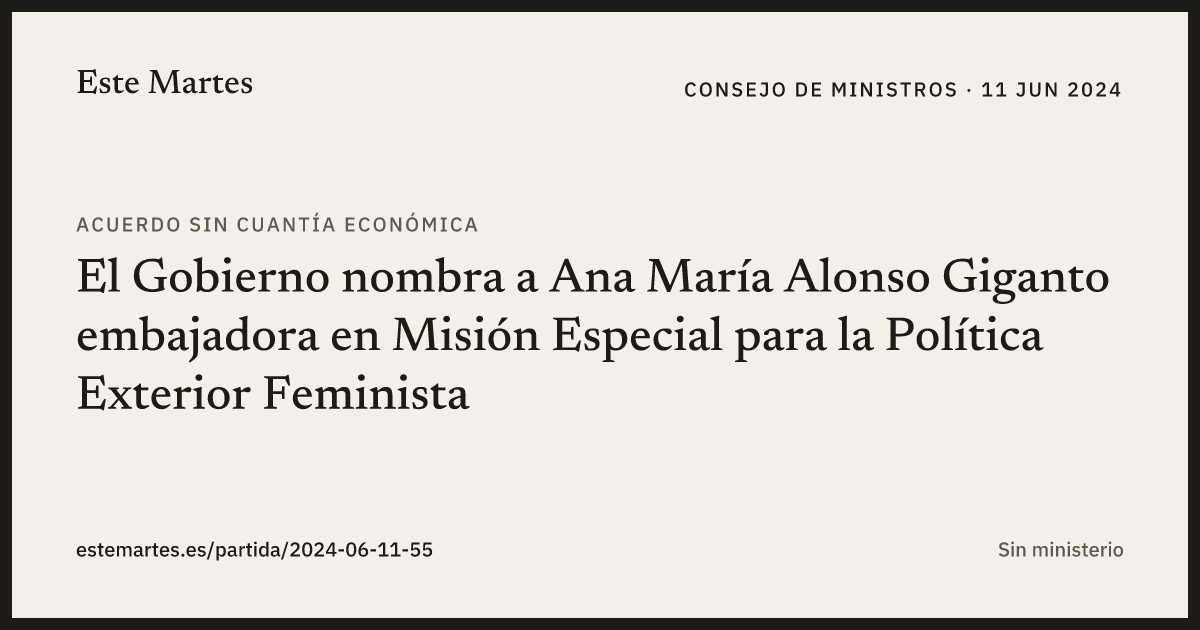 Tarjeta: El Gobierno nombra a Ana María Alonso Giganto embajadora en Misión Especial para la Política Exterior Feminista
