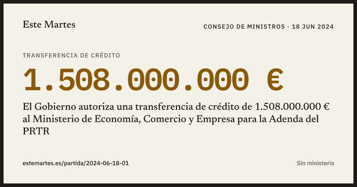 Tarjeta: El Gobierno autoriza una transferencia de crédito de 1.508.000.000 € al Ministerio de Economía, Comercio y Empresa para la Adenda del PRTR