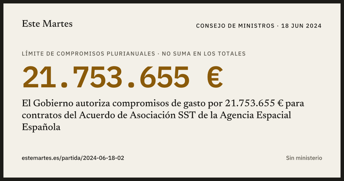 Tarjeta: El Gobierno autoriza compromisos de gasto por 21.753.655 € para contratos del Acuerdo de Asociación SST de la Agencia Espacial Española