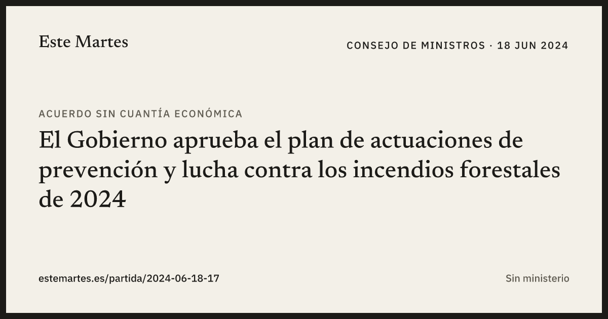 Tarjeta: El Gobierno aprueba el plan de actuaciones de prevención y lucha contra los incendios forestales de 2024