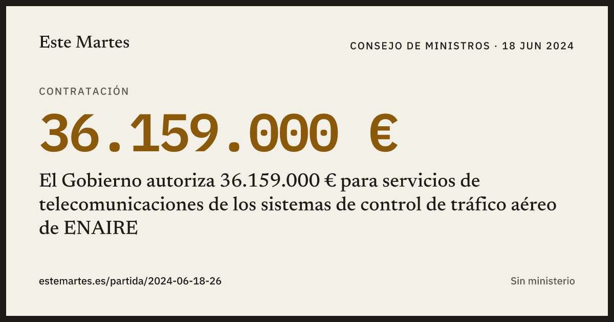 Tarjeta: El Gobierno autoriza 36.159.000 € para servicios de telecomunicaciones de los sistemas de control de tráfico aéreo de ENAIRE