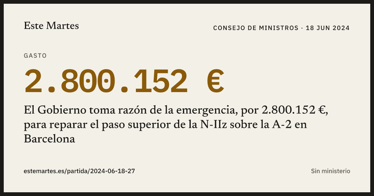 Tarjeta: El Gobierno toma razón de la emergencia, por 2.800.152 €, para reparar el paso superior de la N-IIz sobre la A-2 en Barcelona