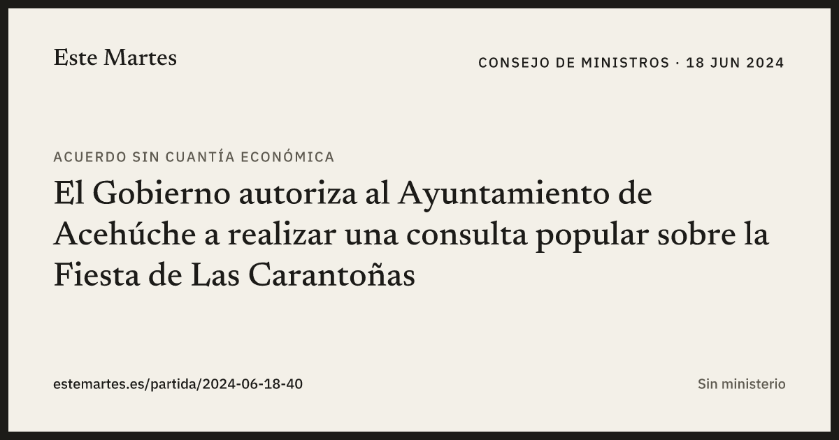 Tarjeta: El Gobierno autoriza al Ayuntamiento de Acehúche a realizar una consulta popular sobre la Fiesta de Las Carantoñas