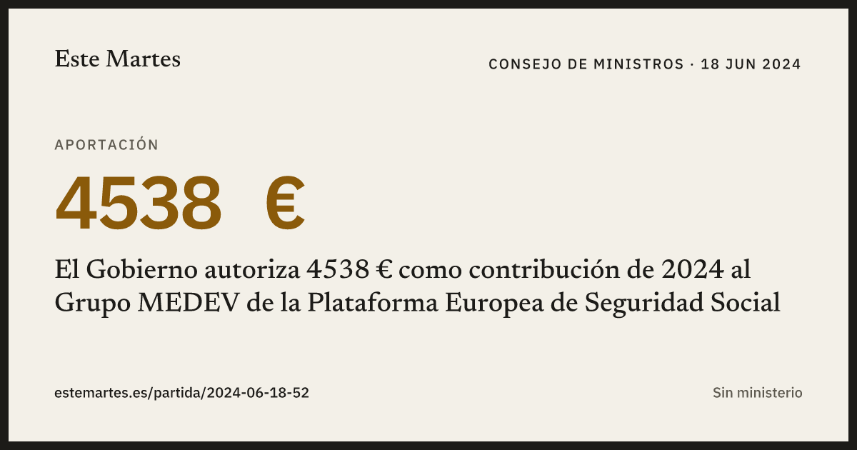 Tarjeta: El Gobierno autoriza 4538 € como contribución de 2024 al Grupo MEDEV de la Plataforma Europea de Seguridad Social