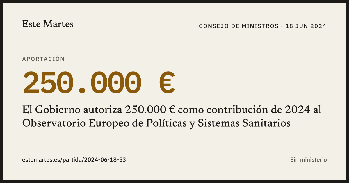 Tarjeta: El Gobierno autoriza 250.000 € como contribución de 2024 al Observatorio Europeo de Políticas y Sistemas Sanitarios