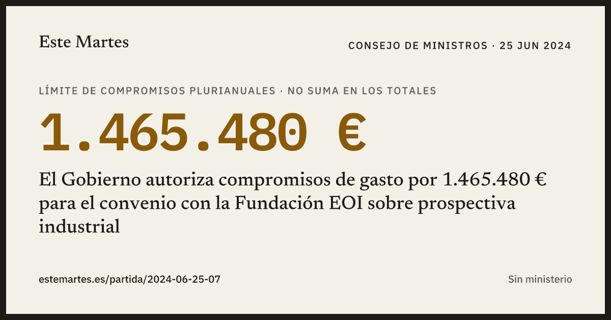 Tarjeta: El Gobierno autoriza compromisos de gasto por 1.465.480 € para el convenio con la Fundación EOI sobre prospectiva industrial