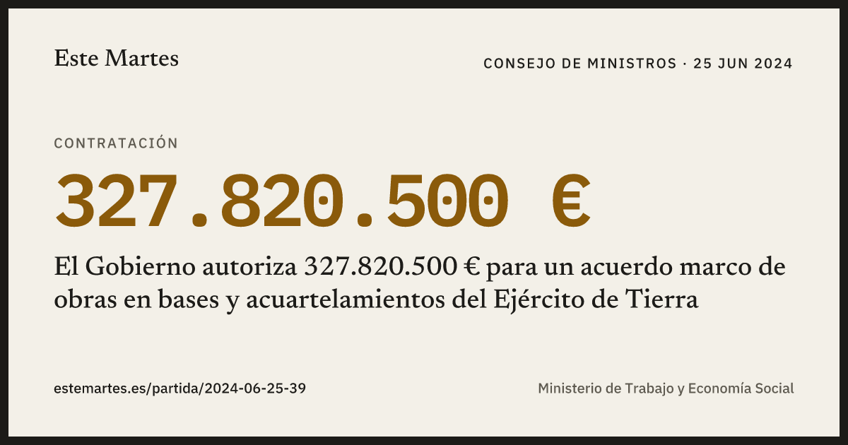 Tarjeta: El Gobierno autoriza 327.820.500 € para un acuerdo marco de obras en bases y acuartelamientos del Ejército de Tierra