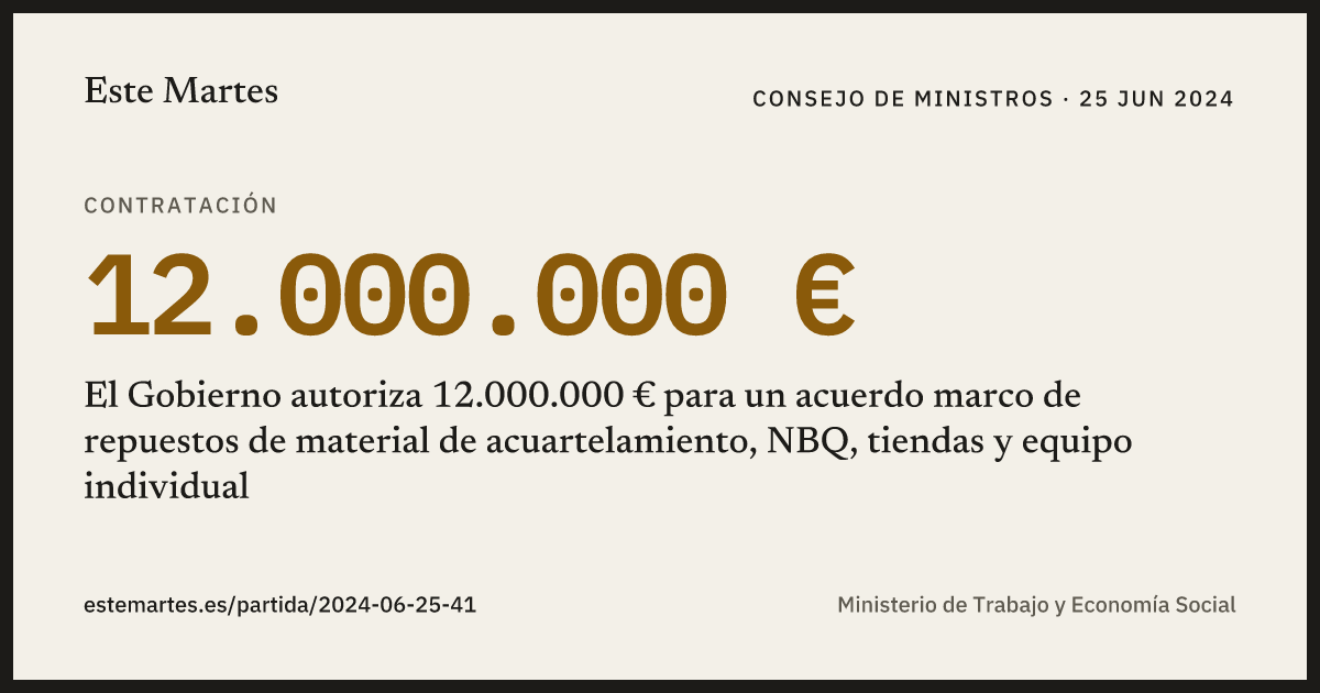 Tarjeta: El Gobierno autoriza 12.000.000 € para un acuerdo marco de repuestos de material de acuartelamiento, NBQ, tiendas y equipo individual