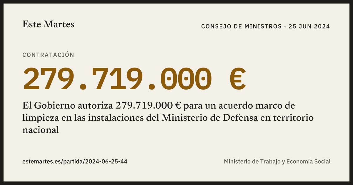 Tarjeta: El Gobierno autoriza 279.719.000 € para un acuerdo marco de limpieza en las instalaciones del Ministerio de Defensa en territorio nacional