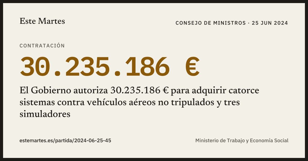 Tarjeta: El Gobierno autoriza 30.235.186 € para adquirir catorce sistemas contra vehículos aéreos no tripulados y tres simuladores