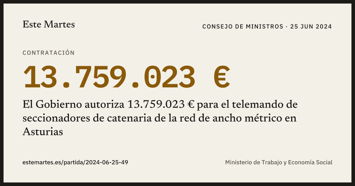 Tarjeta: El Gobierno autoriza 13.759.023 € para el telemando de seccionadores de catenaria de la red de ancho métrico en Asturias