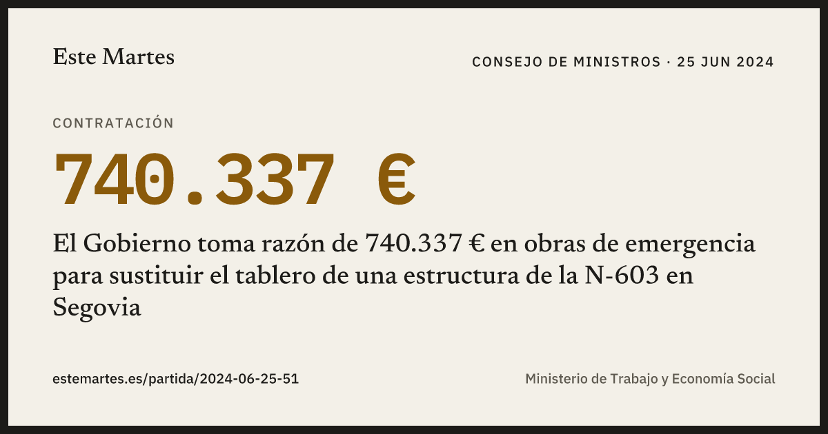 Tarjeta: El Gobierno toma razón de 740.337 € en obras de emergencia para sustituir el tablero de una estructura de la N-603 en Segovia