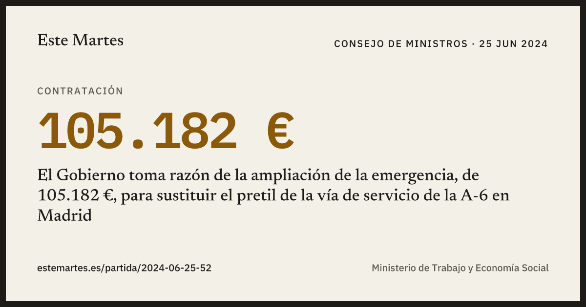 Tarjeta: El Gobierno toma razón de la ampliación de la emergencia, de 105.182 €, para sustituir el pretil de la vía de servicio de la A-6 en Madrid